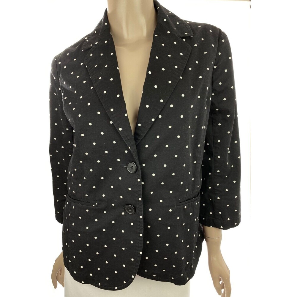 Talbots Blazer Sz 8 Black w/White Dots Collared 3/4 Sleeve 2 Buttons Cotton/Span